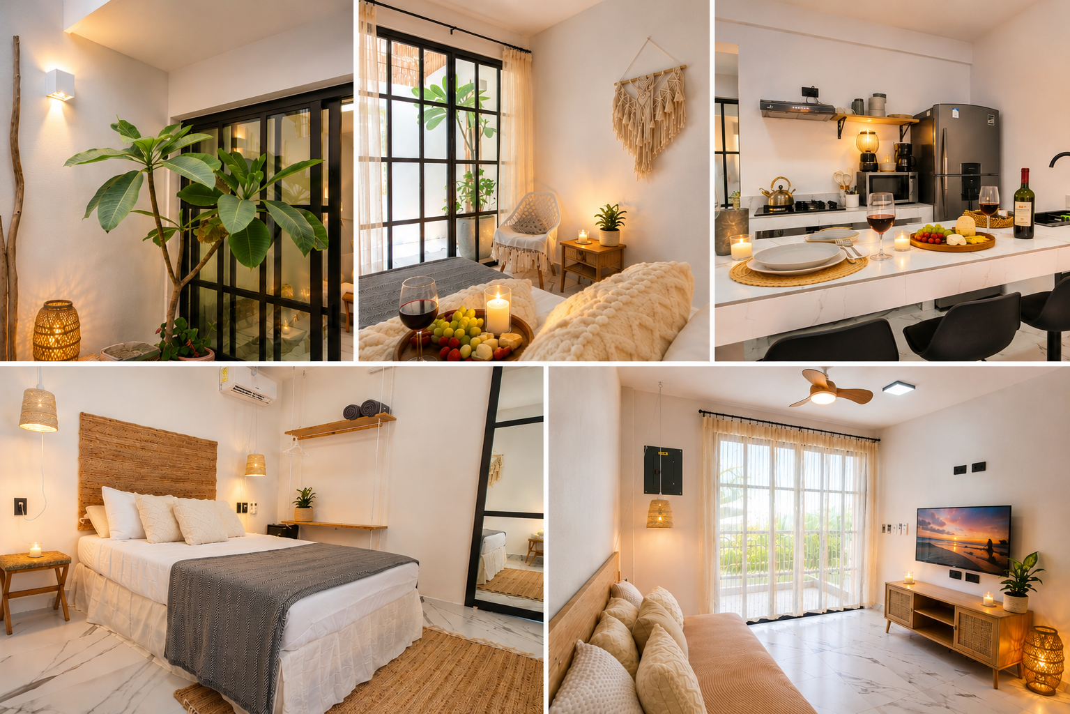 A glimpse of the Ecos Sul experience: entrance, patio, kitchen, bedroom and living room